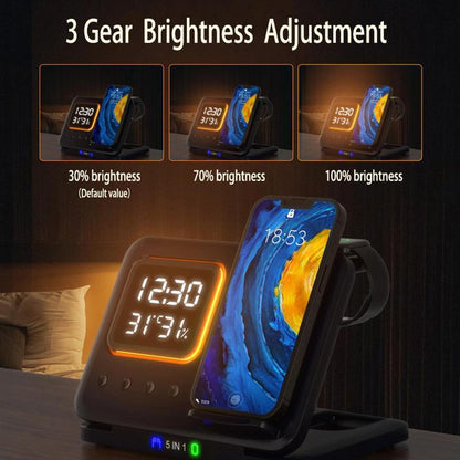 15W 5-in-1 Wireless Charging Stand with LED Alarm Clock