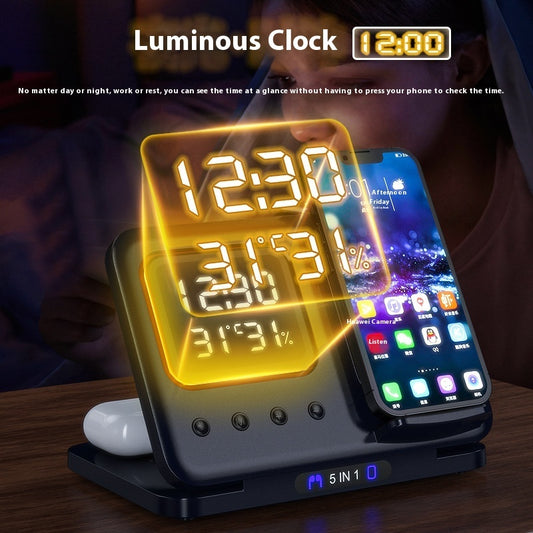 15W 5-in-1 Wireless Charging Stand with LED Alarm Clock