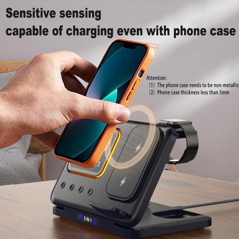 15W 5-in-1 Wireless Charging Stand with LED Alarm Clock