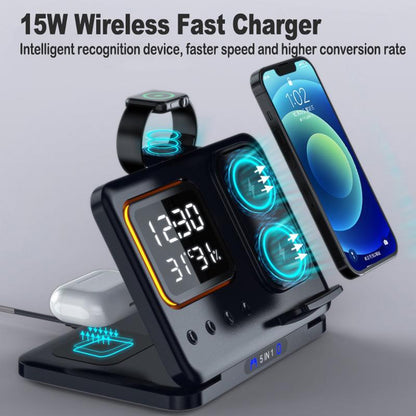 15W 5-in-1 Wireless Charging Stand with LED Alarm Clock
