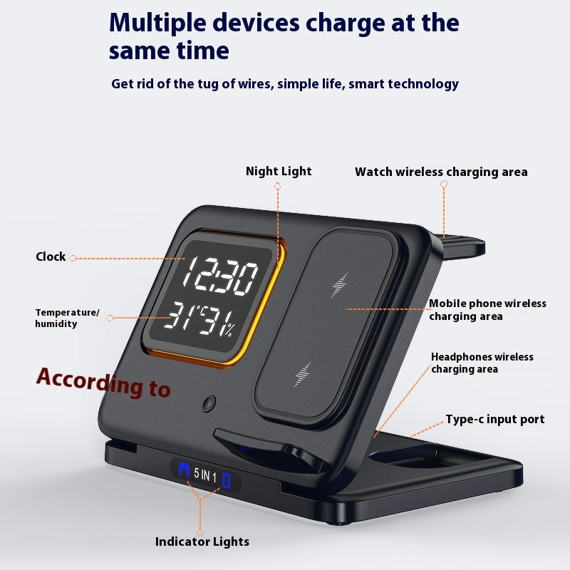 15W 5-in-1 Wireless Charging Stand with LED Alarm Clock