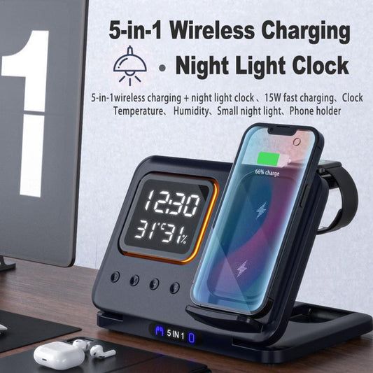 15W 5-in-1 Wireless Charging Stand with LED Alarm Clock
