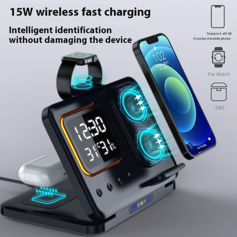 15W 5-in-1 Wireless Charging Stand with LED Alarm Clock