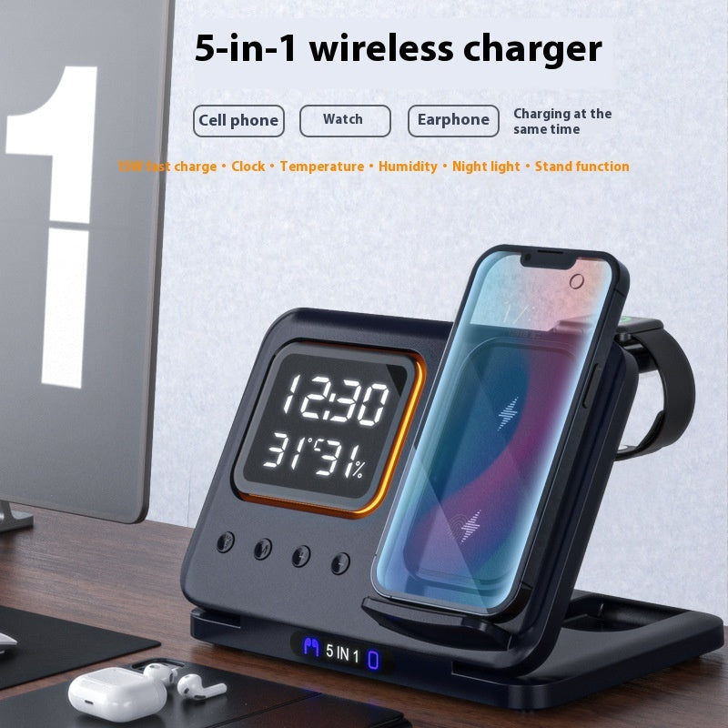 15W 5-in-1 Wireless Charging Stand with LED Alarm Clock